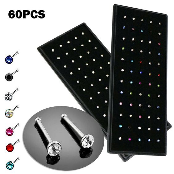 Set of 60 Stainless Steel Nose Studs with Rhinestone Decoration,